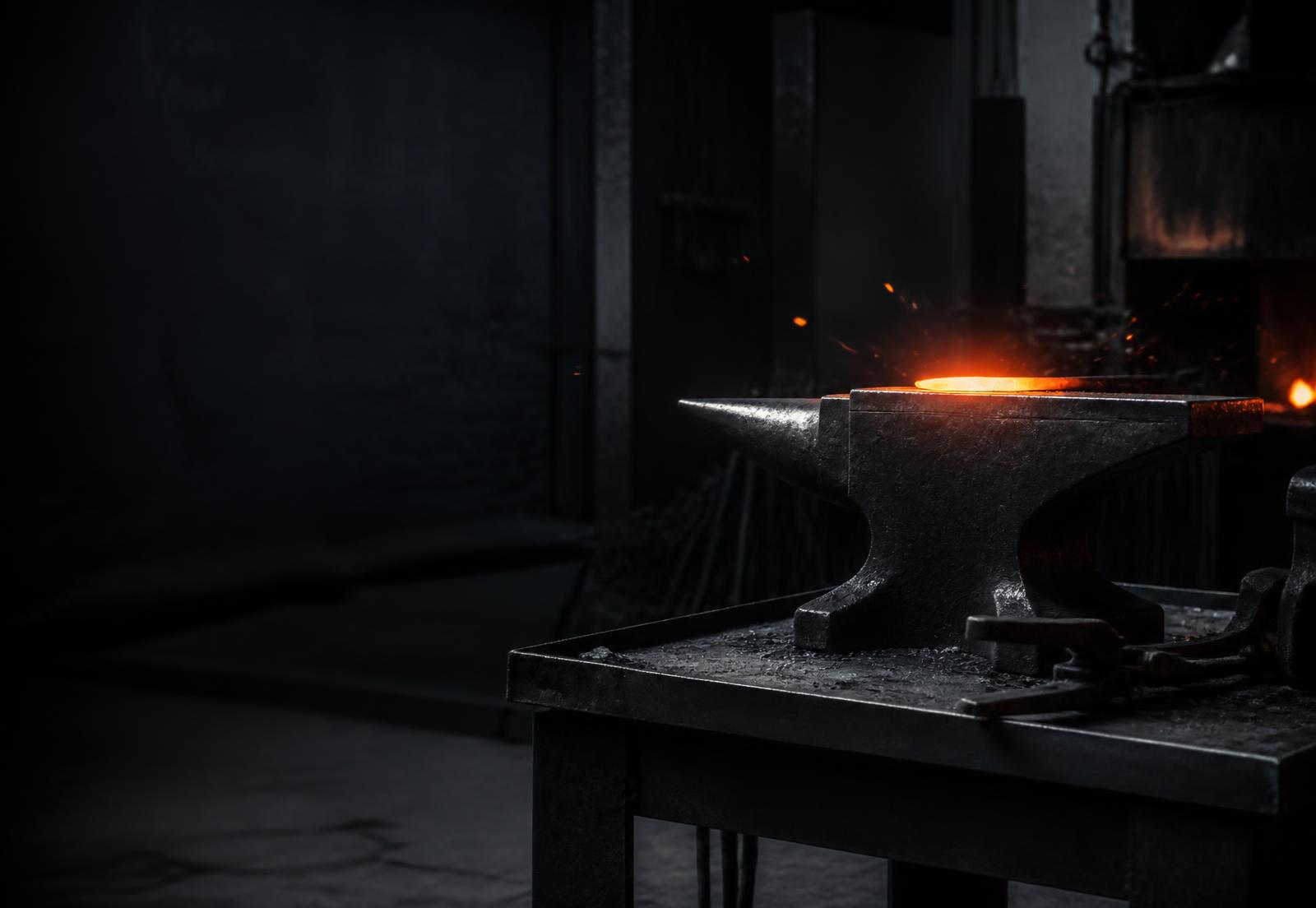 Hot iron cooling on a blacksmith's anvil in a dark workshop
